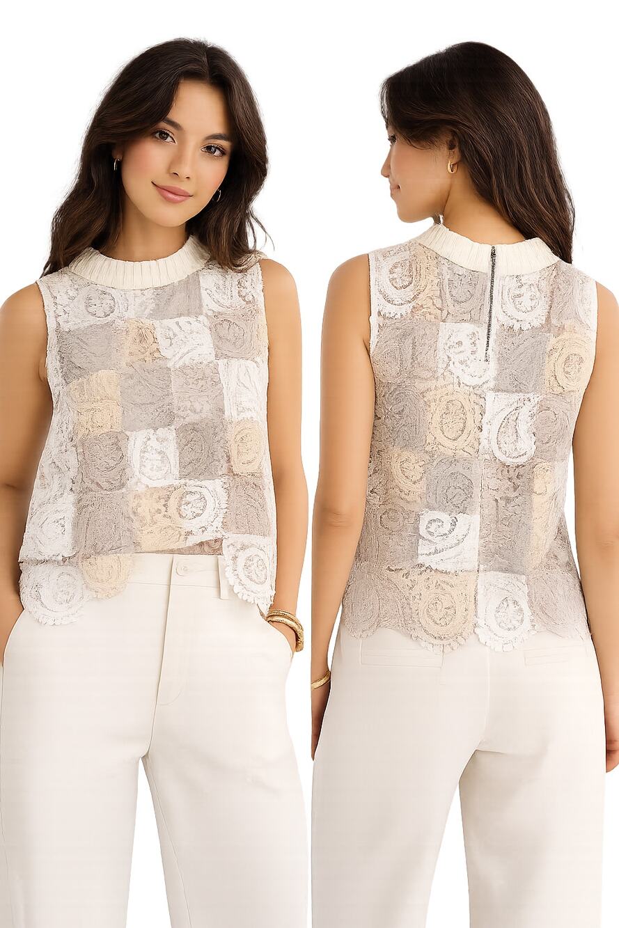 Sea New York Lace Mock Neck Sleeveless Top Size 2 Ivory Beige Crochet Patchwork